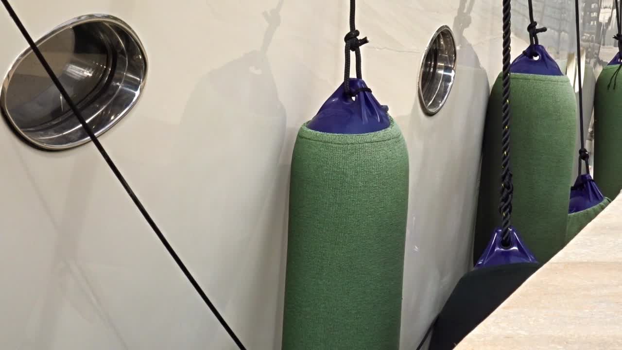 yate anclado en el puerto deportivo con una toma de las boyas del yate en el trabajo protegiendo al yate de daños