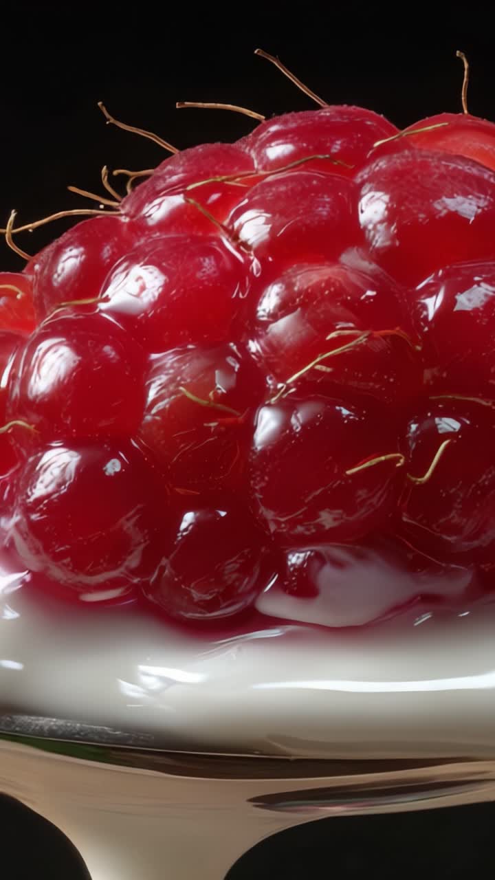 Close-Up of a Fresh Raspberry with Glossy Skin and Juicy Texture Resting on Creamy Yogurt Surface, Capturing Details of Nature's Sweet Delicacy in Fine Light