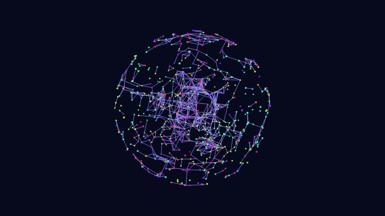 Digital sphere with neon dots and lines on black gradient