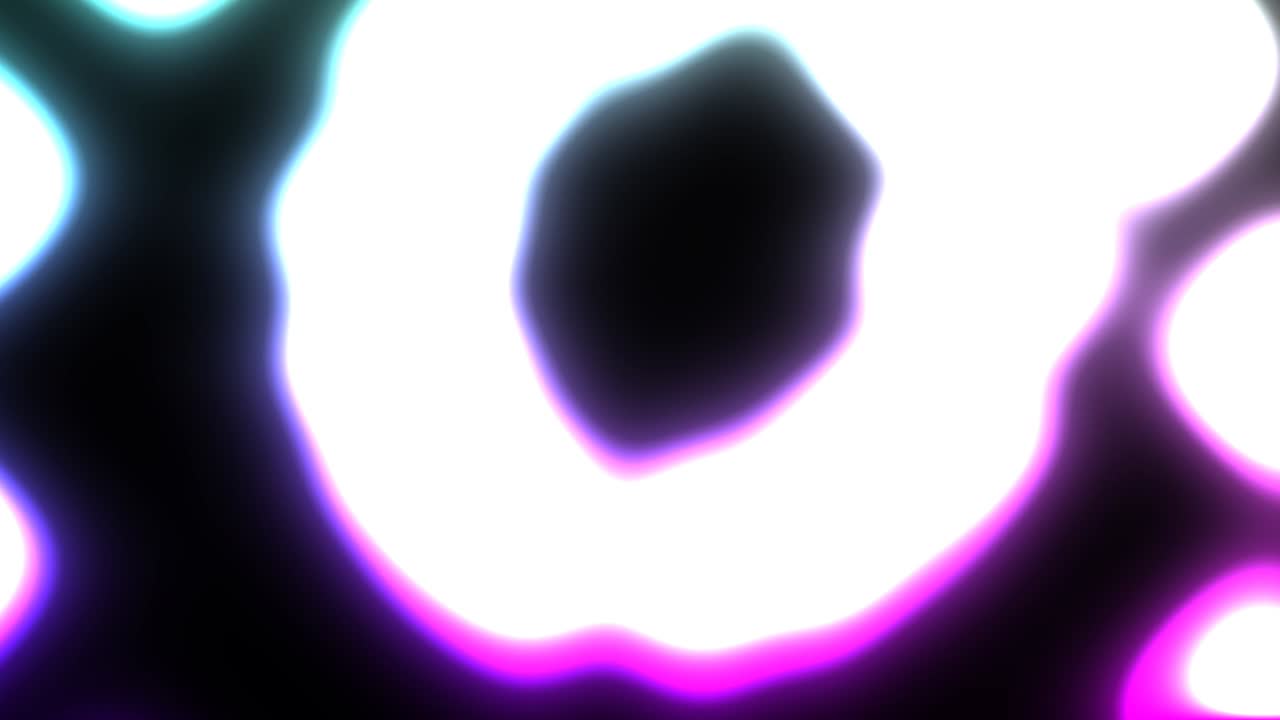 A pulsating quantum particle with a purple neon glow on a black background. A bright luminous spot moves and changes its shape and geometry.