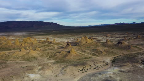 aerial of trona pinnacles in california, an otherworldly landscape near death valley