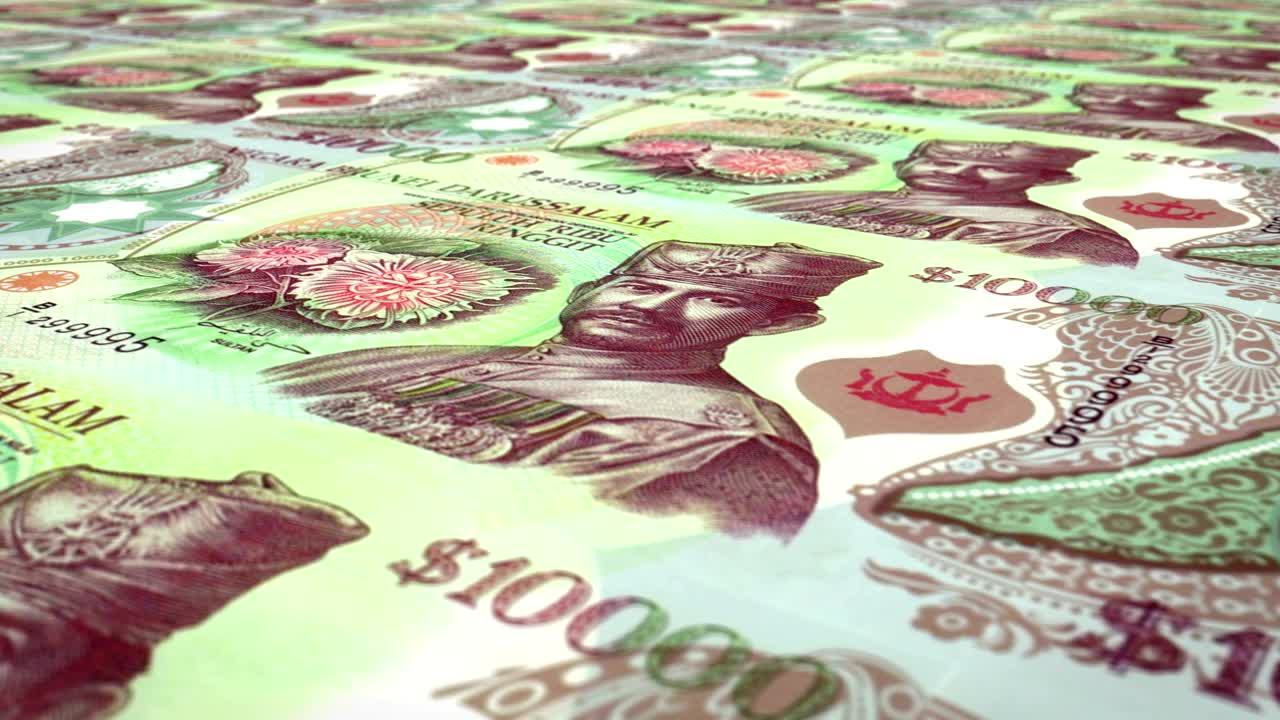 브루나이 다루살람 술탄국 은행의 1000 링기트 또는 브루네이 달러 지폐, 화면에 굴러, 세계 동전, 현금, 루프