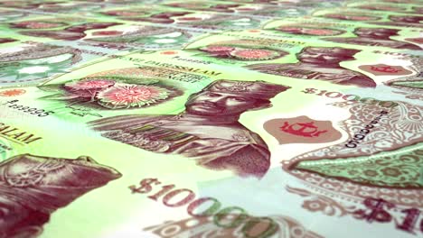 billetes de mil ringgits o dólares de brunei del banco del sultanato de brunei darussalam rodando en la pantalla, monedas del mundo, dinero en efectivo, bucle