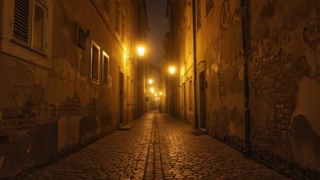 An Enigmatic Street Scene with Warm Lantern Light Illuminating a Cobblestone Path, Surrounded by Historic Buildings and a Mysterious Atmosphere at Night