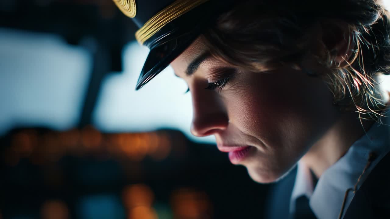 Una pilota concentrata, immersa nei suoi compiti nella cabina di pilotaggio, che dimostra dedizione e professionalità nel settore dell'aviazione, garantendo al contempo la sicurezza dei suoi passeggeri e dei membri dell'equipaggio