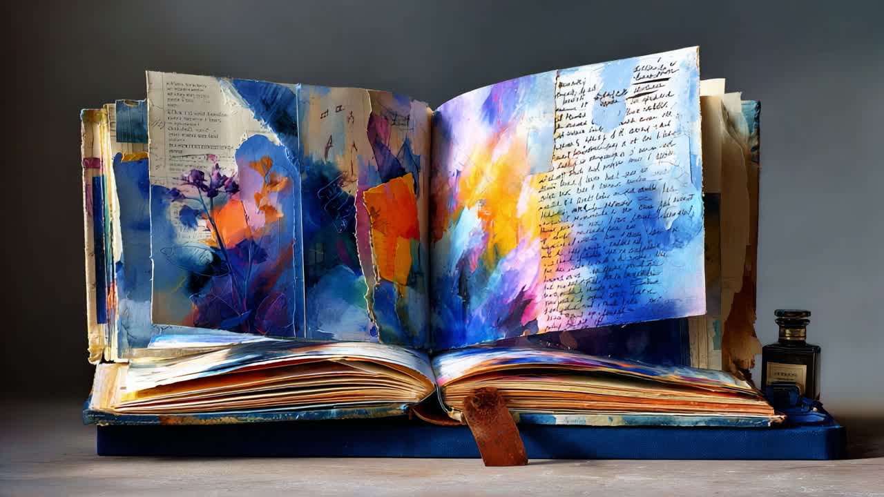 A Beautifully Illustrated Open Book with Colorful Abstract Paintings and Handwritten Notes, Capturing Creativity and Inspiration in Every Page Turn