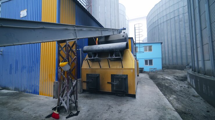 Big factory elevator construction equipment. Industrial agricultural building.
