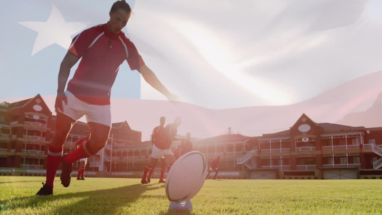 Kicking rugby ball on field, player with flag animation overlay in background