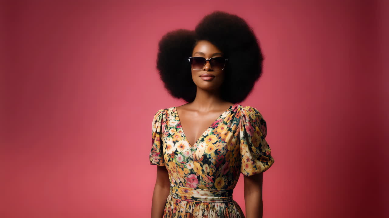 Portrait of a stylish woman in floral dress and sunglasses