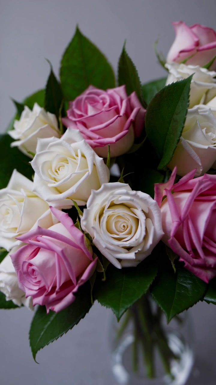 Elegante bouquet di rose rosa e bianche con foglie verdi
