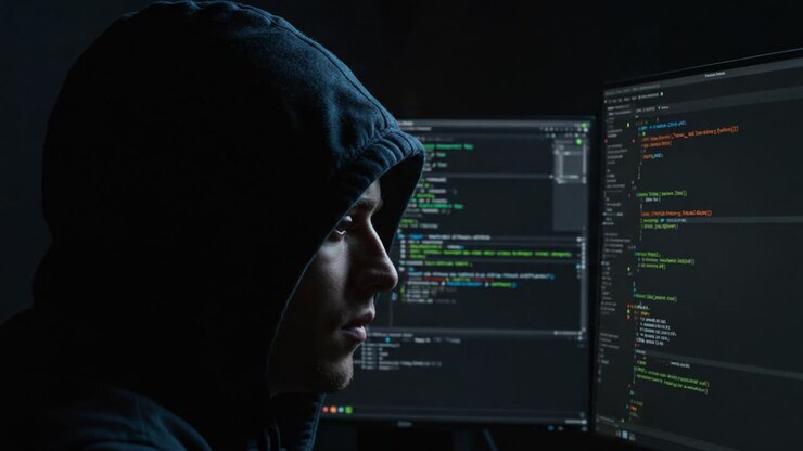Una figura sospetta con una felpa con cappuccio analizza codice e dati complessi su più monitor in un ambiente buio, evidenziando le complessità della sicurezza informatica nei moderni ambienti digitali