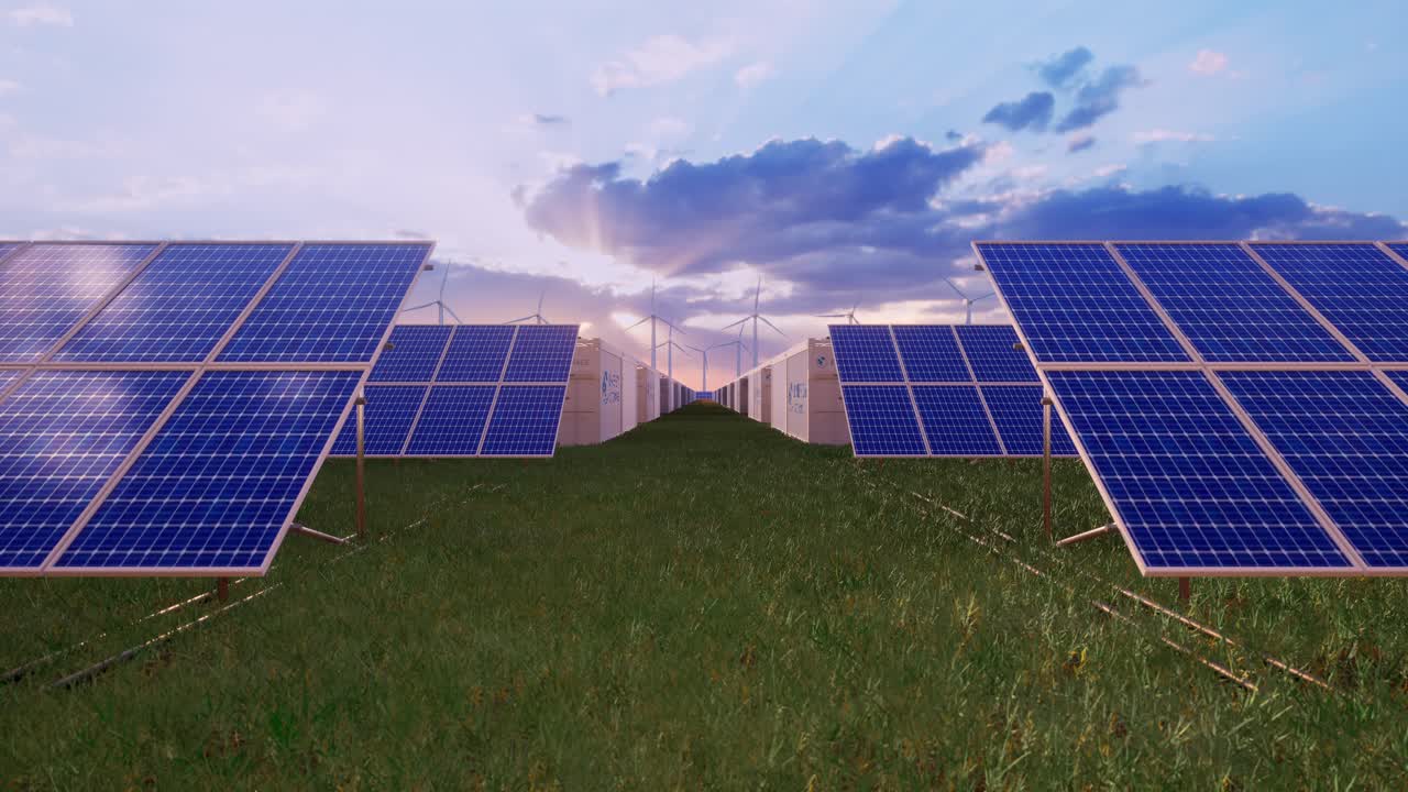 Battery Storage Power Station Accompanied By Solar And Wind Turbine Power Plants. New Energy Concept