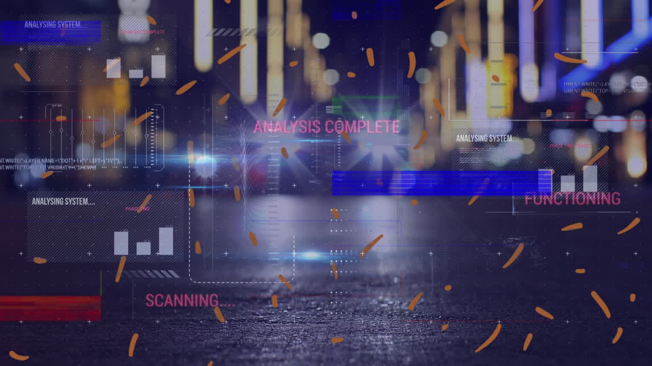 도시 풍경 위의 데이터 처리 애니메이션