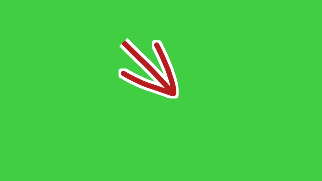 Animazione di una freccia diagonale che punta in basso a sinistra, grafica in movimento su schermo verde con contorno bianco. La freccia rimbalza e pulsa delicatamente per attirare l'attenzione, ideale per evidenziare elementi importanti.