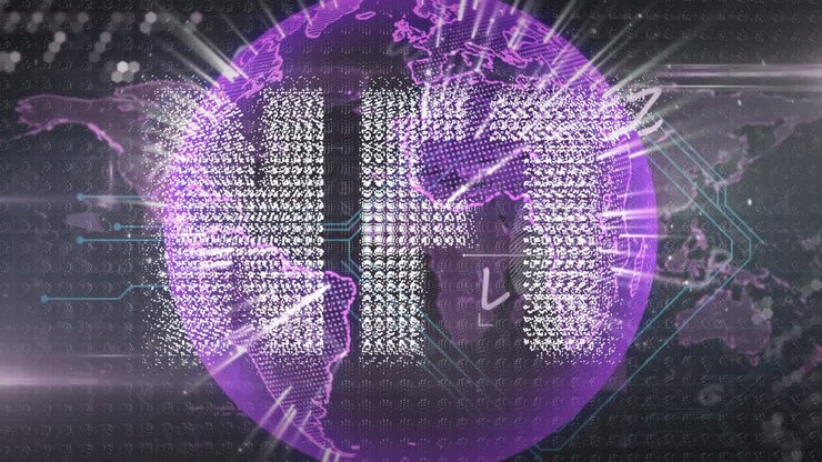 Animation of data processing over globe and nft text