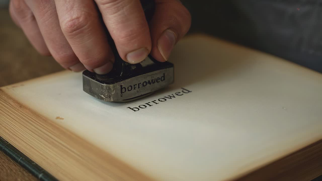 Pressing hand in dark long-sleeve after aligning, stamping book page to mark as borrowed with stamp