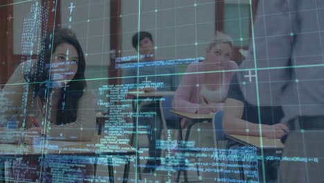 animation of data processing over male teacher and students