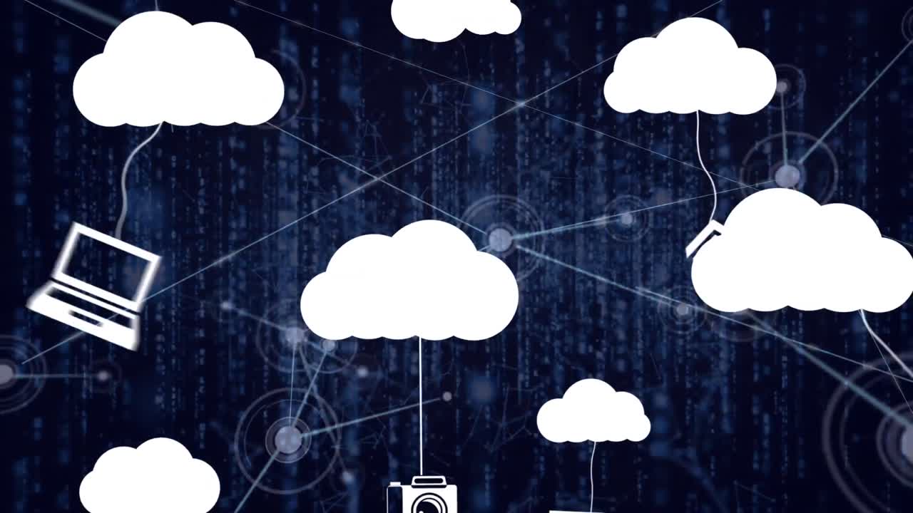 Animation of clouds icons over network of connections and data processing