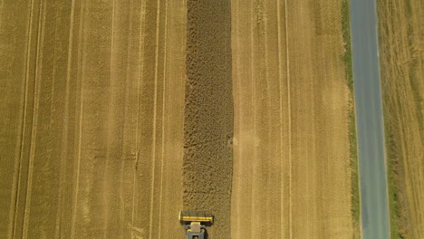 Un-Tractor-Cosechando-Cosechas-Doradas-En-El-Campo-En-Kielno,-Polonia---Toma-Ascendente-De-Arriba-Hacia-Abajo