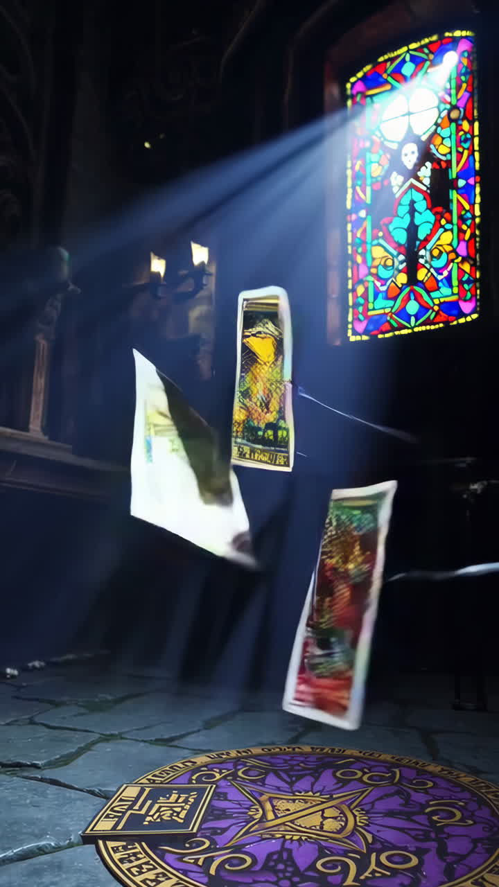 Tarot Cards and Stained Glass Window in a Dark Room