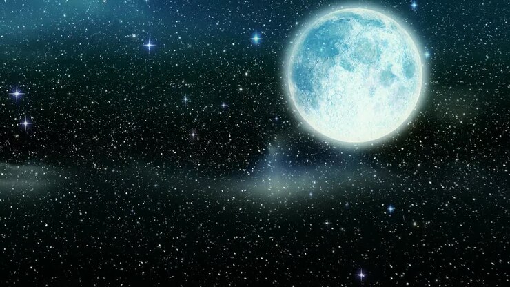Animação de neve caindo sobre estrelas e lua em um cenário de inverno.