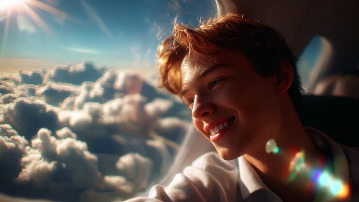 Um jovem viajante aprecia a beleza das nuvens e da luz do sol da janela de um avião, capturando a essência da aventura e da liberdade no céu