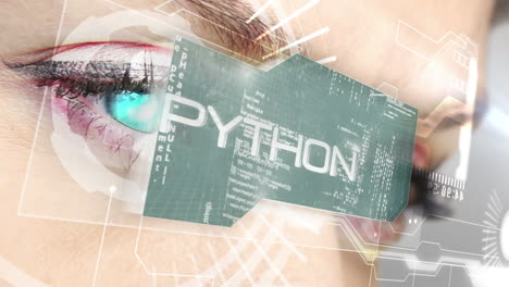 ojos mirando la interfaz holográfica con palabras de codificación
