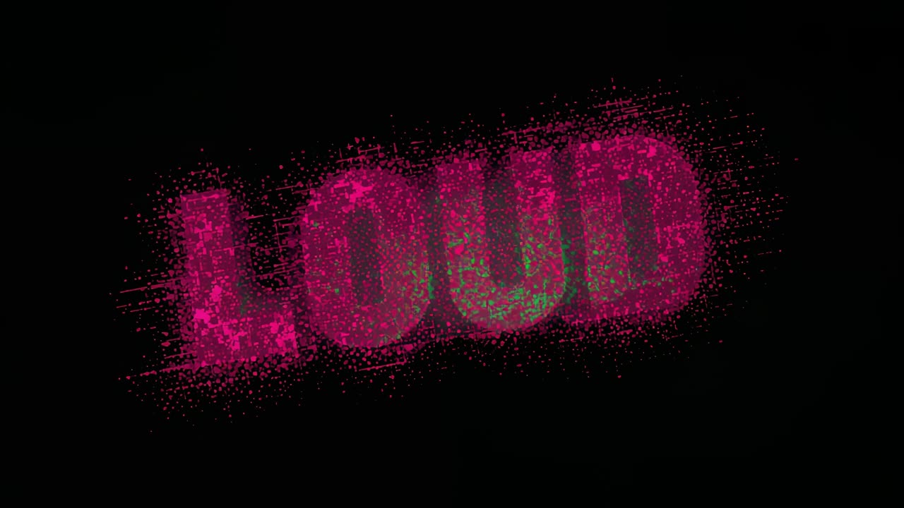 Pixel cluster forming stylized word LOUD on black canvas, revealing bold magenta particle halo