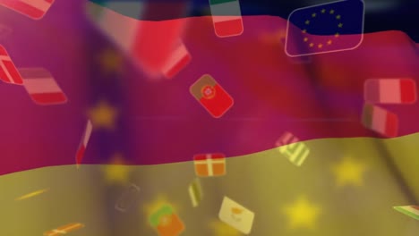 animación de banderas de países flotando sobre banderas alemanas y europeas ondeando