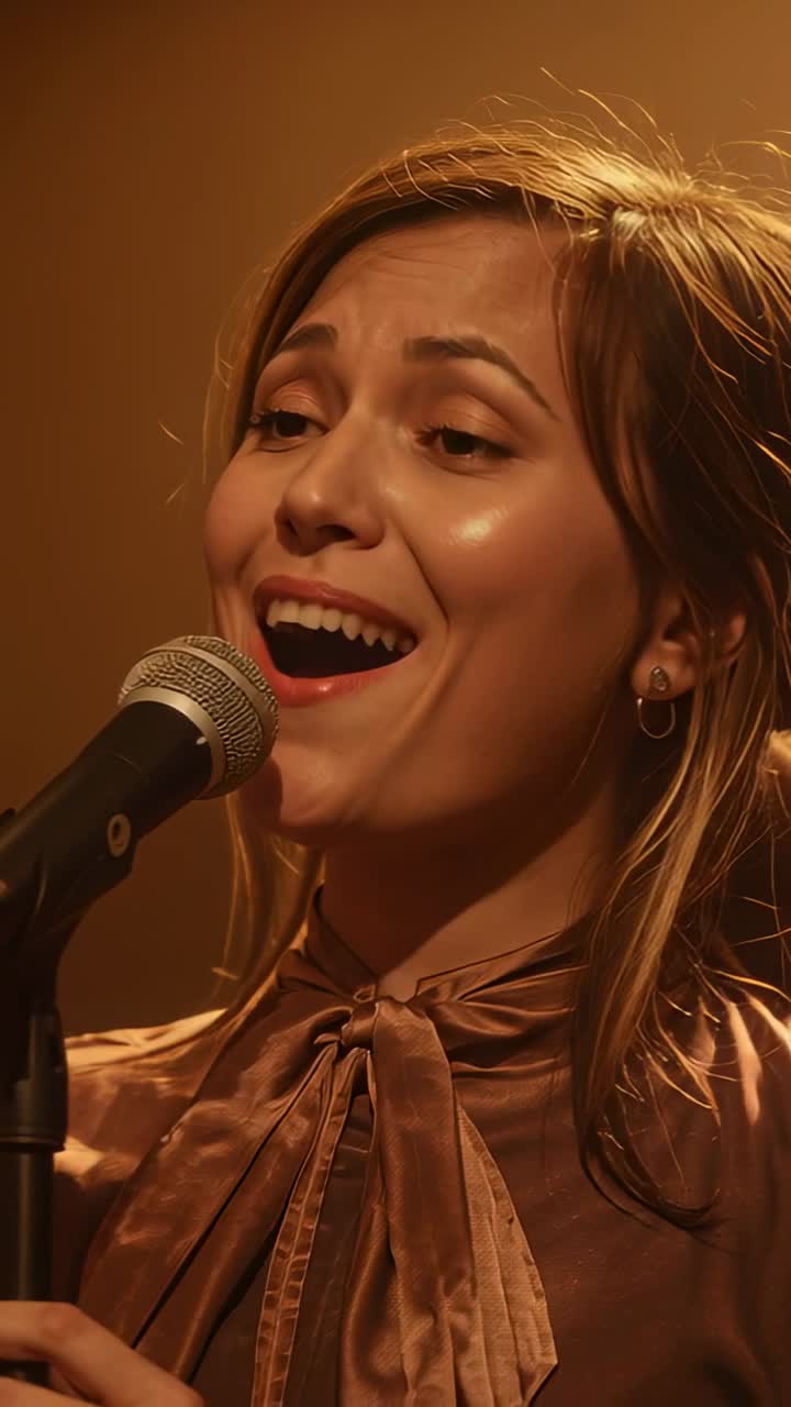 Vertical video: Singing woman holding mic, wearing satin blouse, starting phrase under amber lights