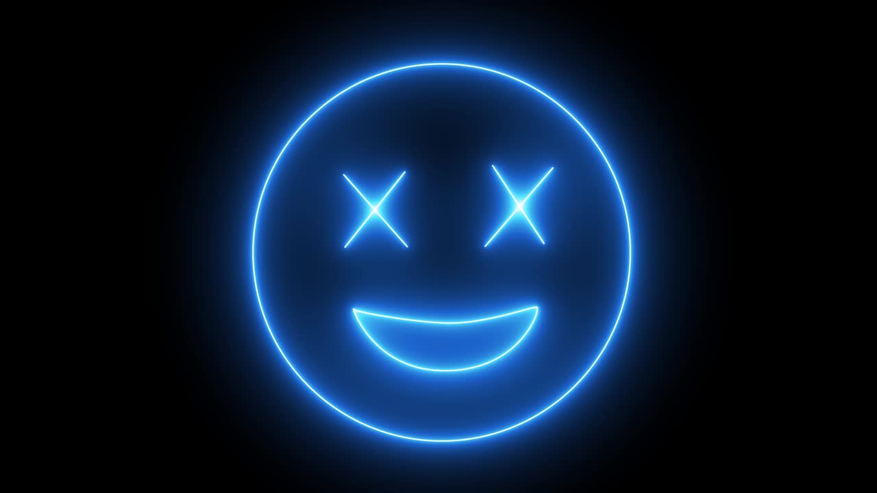 cara de emoji de neón, signo sonriente. personaje web con neón, luz brillante. cara sonriente aislada.