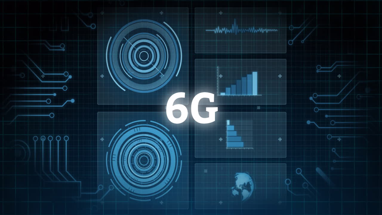 Animation of 6g text with scopes scanning and data processing on screens over grid