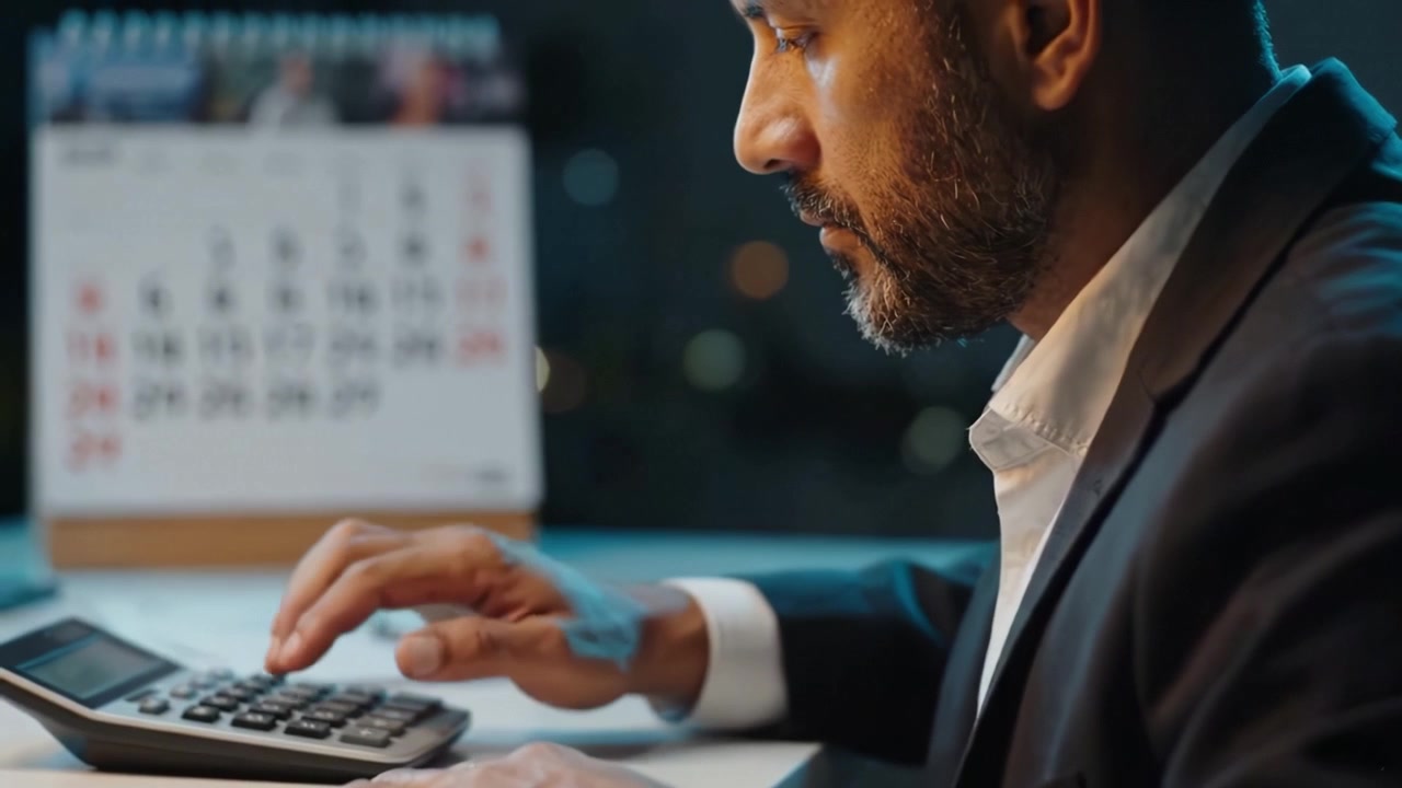 Concentration and Precision in Work: A Professional Man Analyzing Data with a Calculator in a Dimly Lit Office Setting While Tracking Important Dates on a Calendar