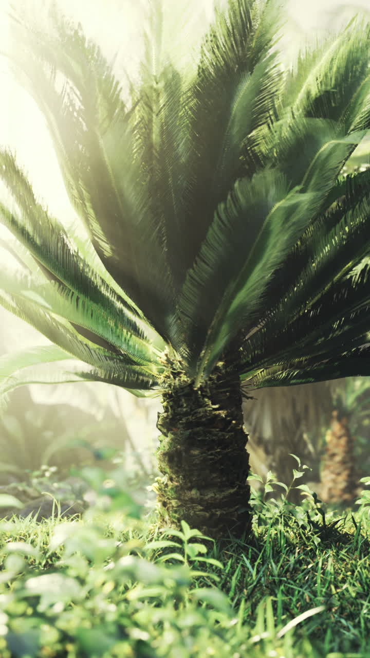 Lush tropical landscape with vibrant palms basking in golden sunlight