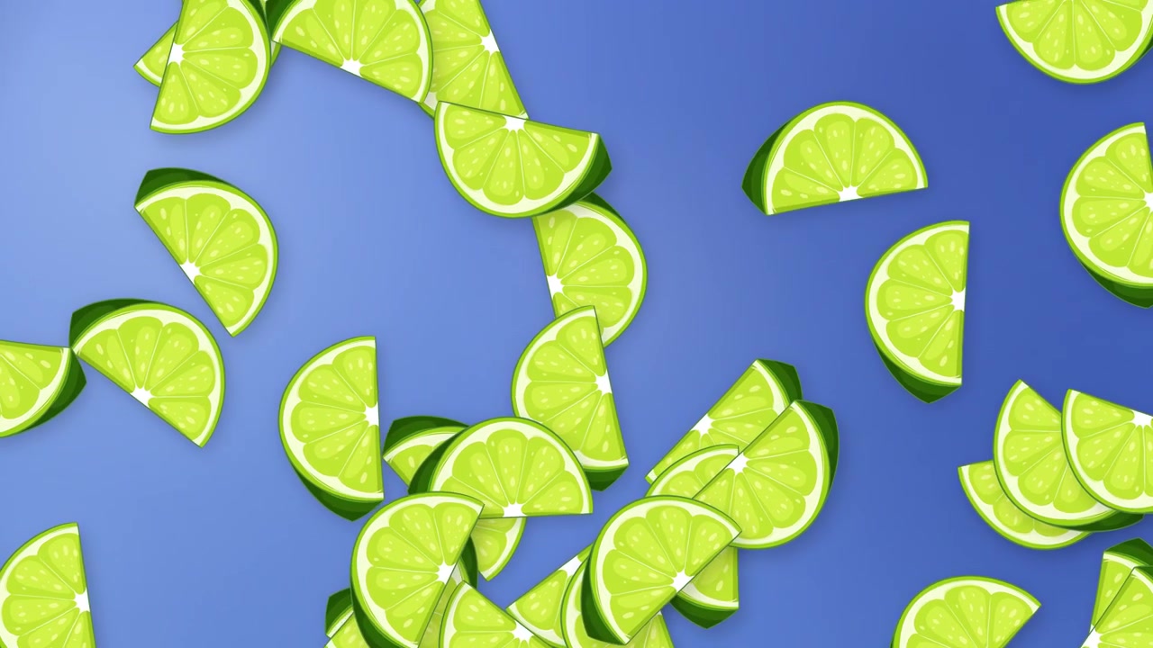 Fette di lime verdi stilizzate cadono e rotolano su uno sfondo sfumato blu in animazione 2D