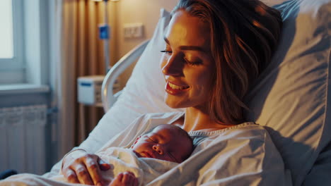 mother tenderly holds her newborn baby in the hospital
