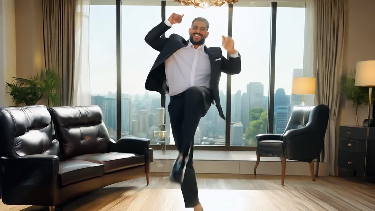 Businessman is joyfully celebrating his achievements in a luxurious office, expressing his happiness through dance moves