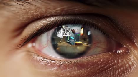 a captivating glimpse into a digital world: the reflection of a futuristic cityscape in a person's eye captured in breathtaking detail