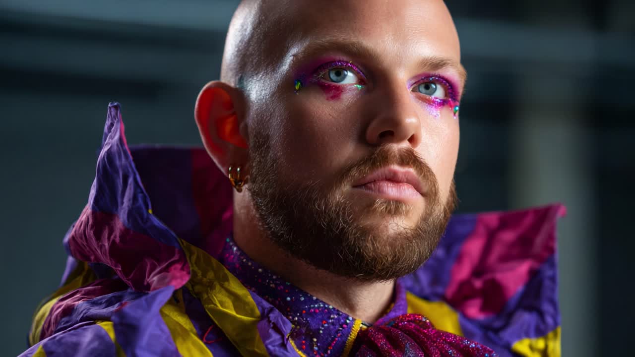 Un ritratto audace e colorato di una persona alla moda con trucco vivace e abbigliamento sorprendente, catturato artisticamente in un primo piano