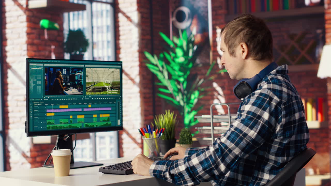videógrafo juntando piezas de película en la computadora, editándolas