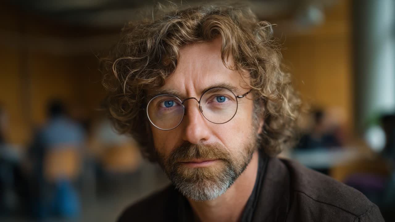 Un uomo pensieroso con capelli ricci e occhiali guarda assorto nella fotocamera, immortalando un momento di introspezione in un ambiente interno affollato
