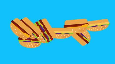 animación en stop motion de hamburguesas, diseño gráfico plano, tecla de croma de pantalla azul