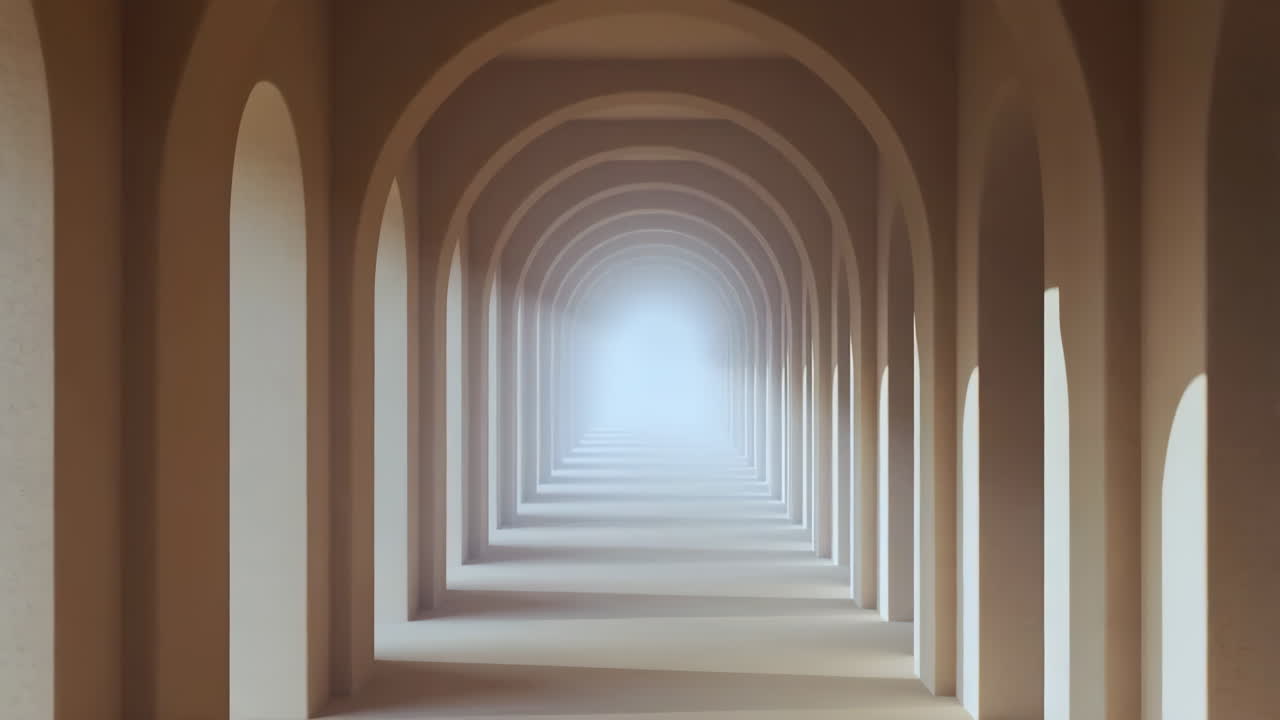 Infinite Archway Corridor Leading to Bright Light