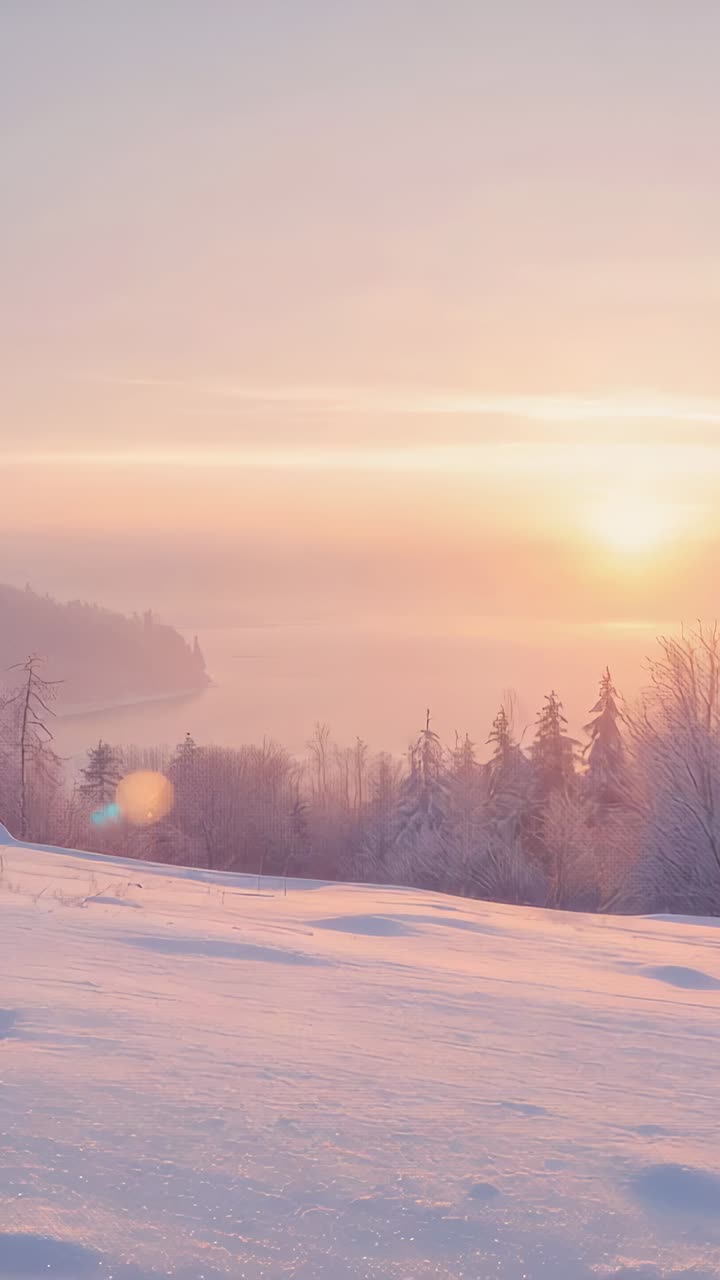 Vertical video: Brightening sun rising and bathing snow hillside and conifers, lighting valley mist