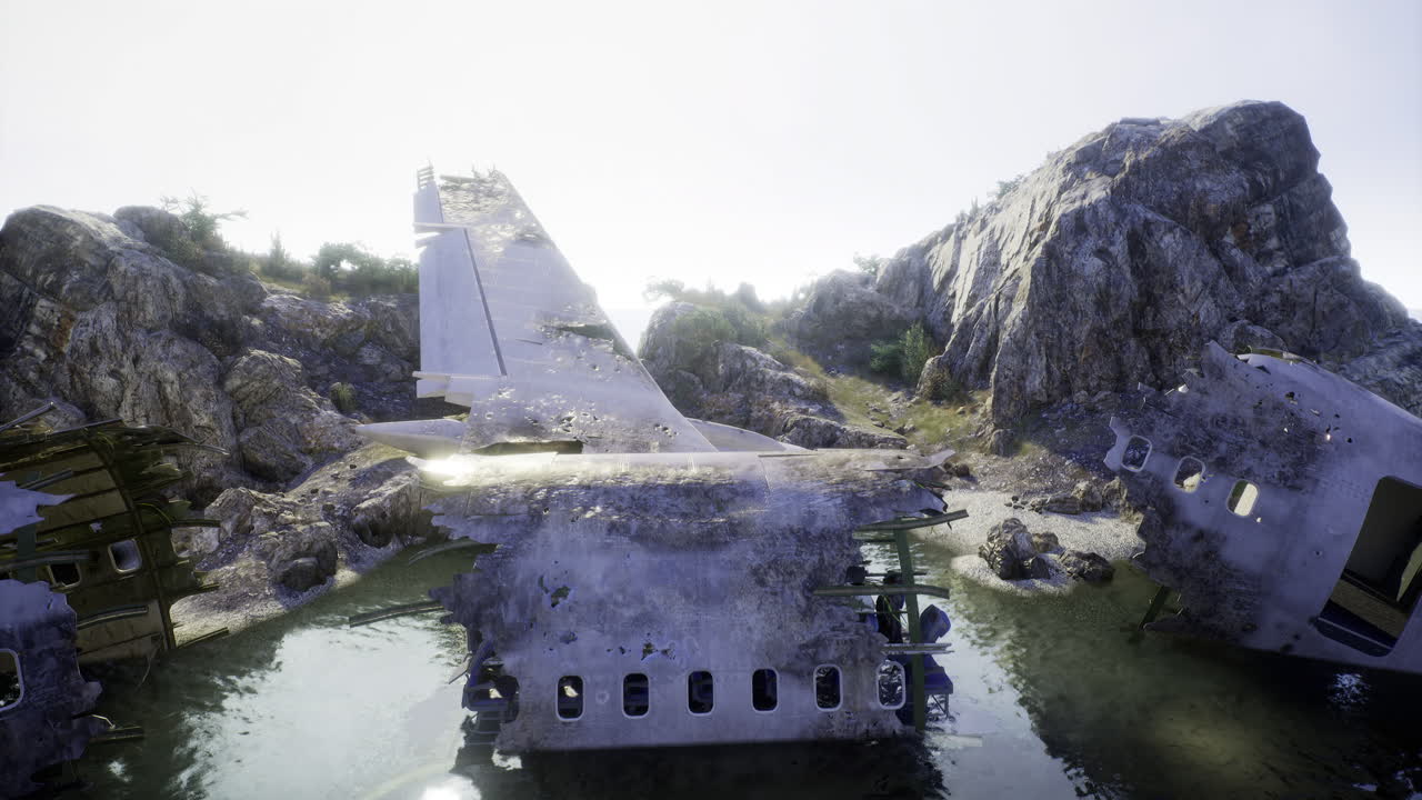 Abandoned airplane wreck amongst rocky landscape beside water