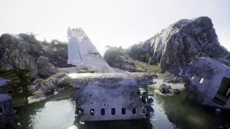 abandoned airplane wreck amongst rocky landscape beside water