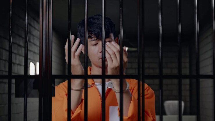 Close Up Of Asian Male Prisoner Standing In Prison, Looking At Handcuffs And Shaking His Head Being Upset On What He Did