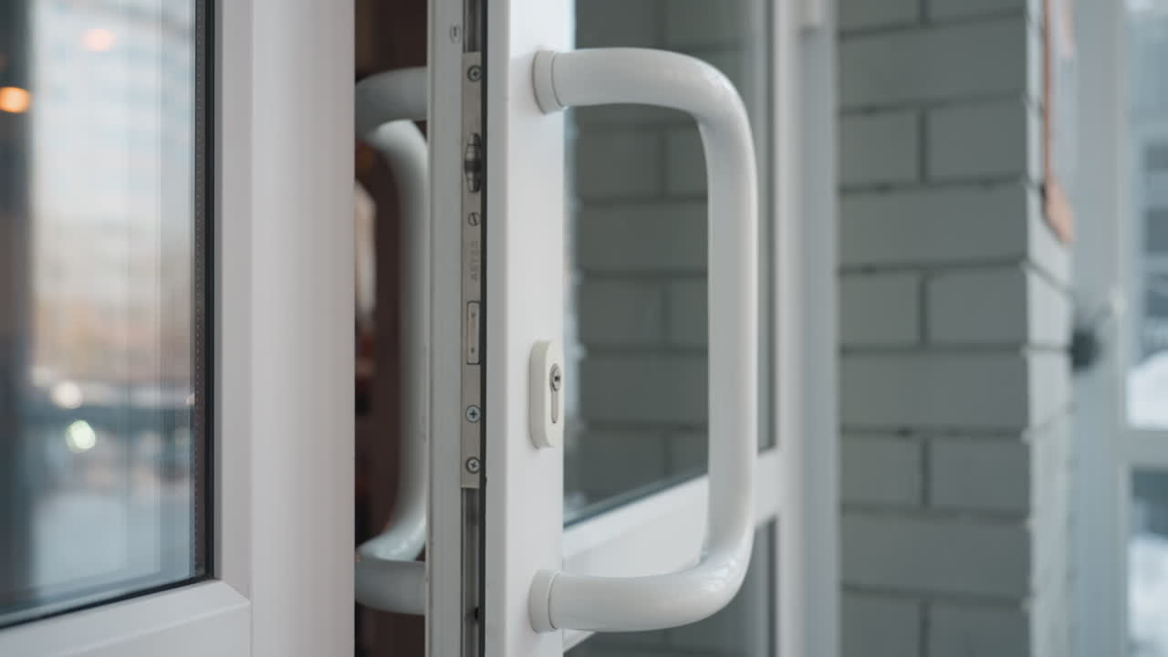 close up of young woman in ribbed white sweater opening glass door while entering mall, capturing gentle grip on curved white handle with natural daylight and blurred reflections in background