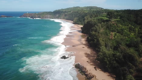 Vista-Aérea-Del-Impresionante-Paisaje-De-Playa-Y-Bosque-En-Kauai,-Hawaii