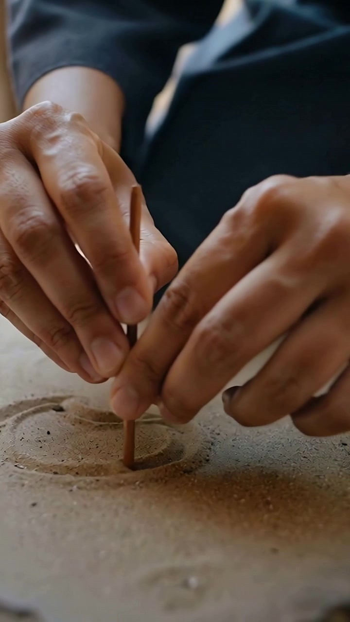 Vertical video: Hands nearing pressing dowel, tracing sand rings, using white tool